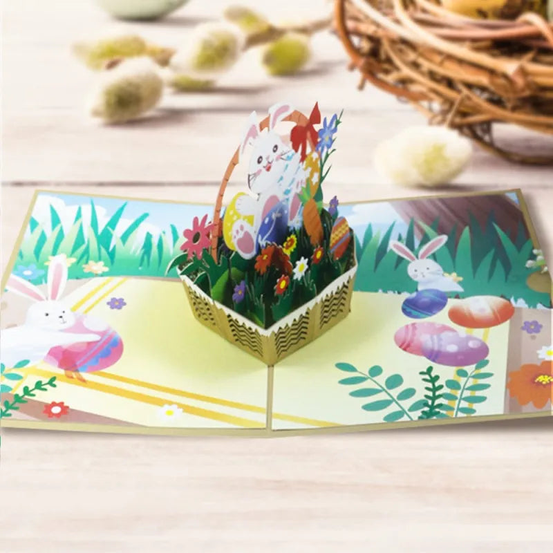 Easter Bunnies with Basket of Eggs 3D Pop-Up Greeting Card
